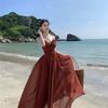 Zhao Ruth Xu Yan Suspender Dress Burgundy Seaside Vacation Travel Sexy Backless Beach Long Skirt