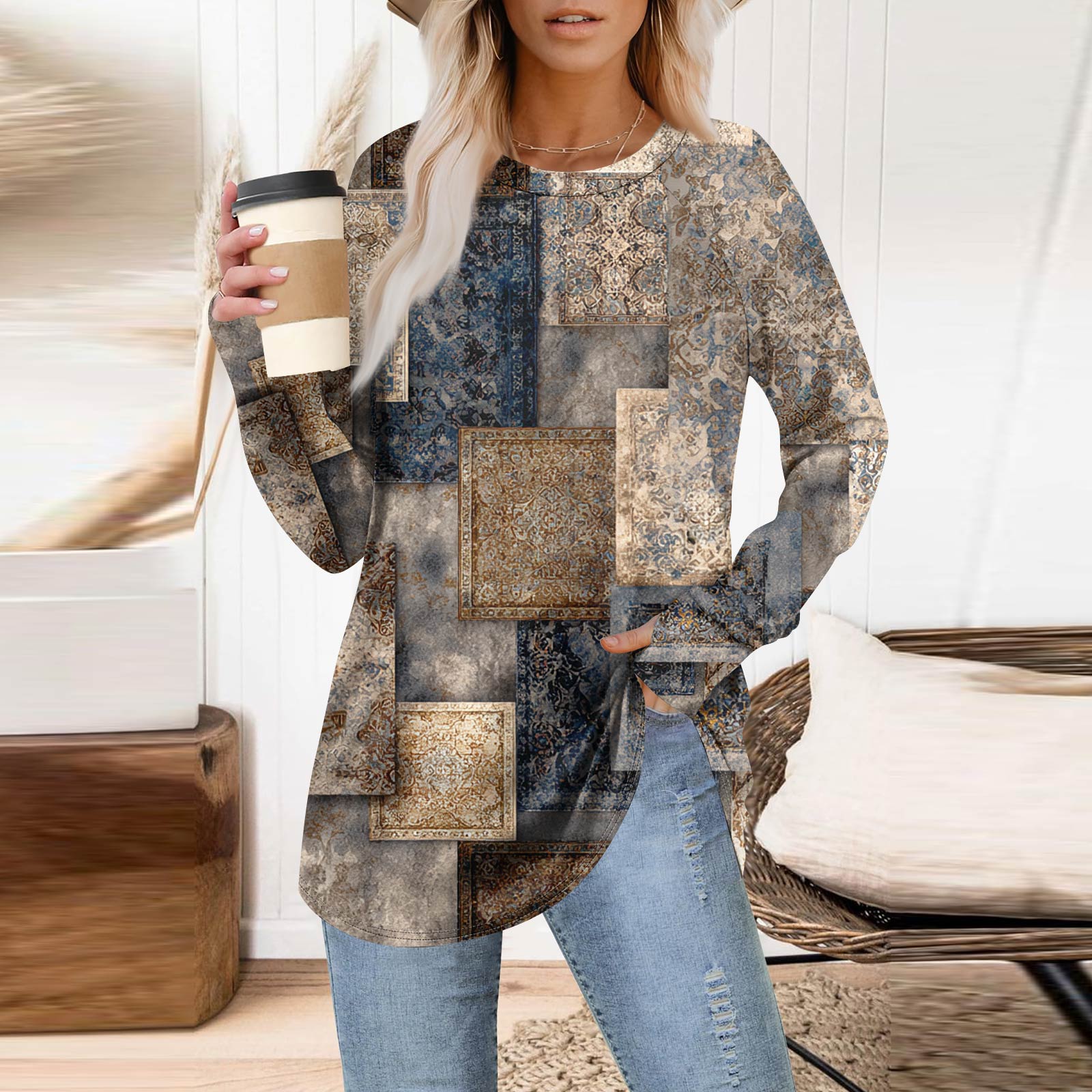 

Женская толстовка большого размера с графическим принтом, длинный рукав, спущенное плечо, круглая рубашка, топы, винтажная одежда M хаки