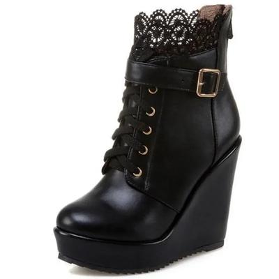 Größe 34-43 Winter Schnalle Super Hohe Keilabsätze Plateau Stiefeletten für Damen Schnürung Weiß Schwarz Hoher Absatz Damenschuhe Stiefelette