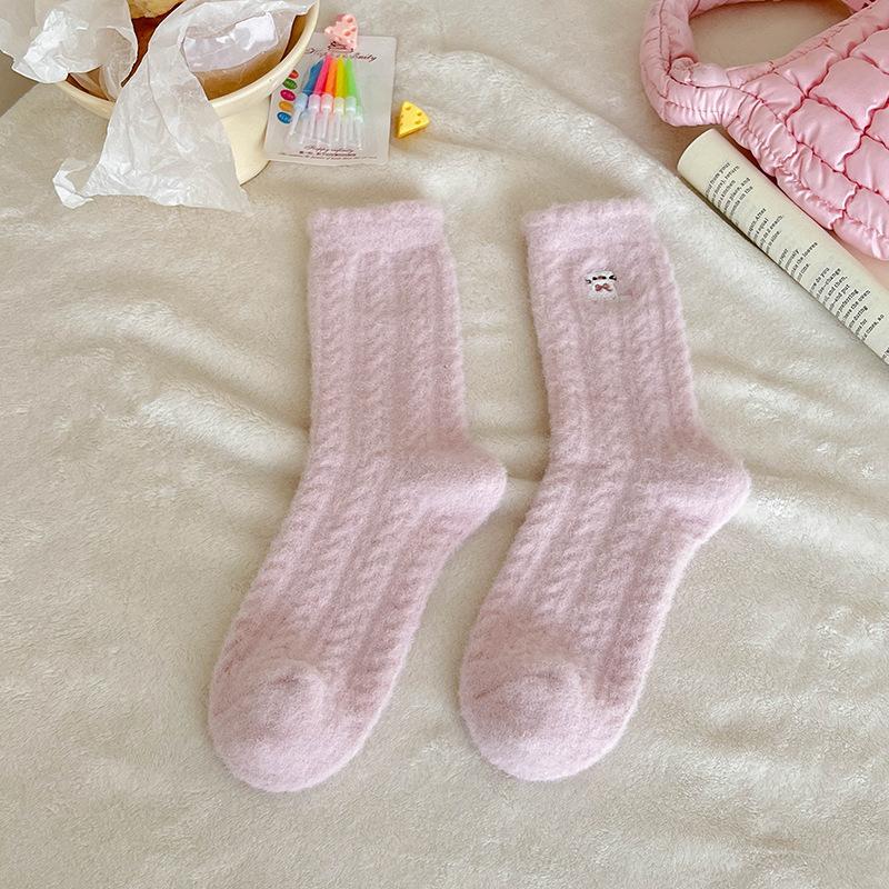 Australian Velvet Socks Pink Purple Cat Cute Animal Cartoon Embroidered Socks Warm Confinement Socks Floor Socks