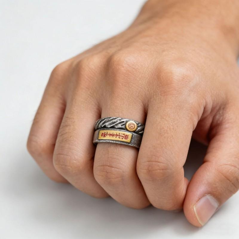 Adjustable Open Ring Men Women Vintage Chinese Style Copper With Tian Guan Ci Fu Inscription Retro Geometric Design