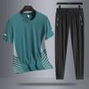 Men's Ice Silk Leisure Sports Set Outdoor Loose Two Piece Breathable Quick Drying Round Neck T-shirt Pants
