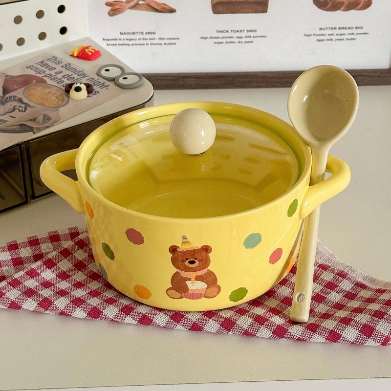 Cute Polka Dot Binaural Instant Noodle Bowl with Cover Student Dormitory Large Capacity Instant Noodle Bowl Personal Special Snail Powder Bowl