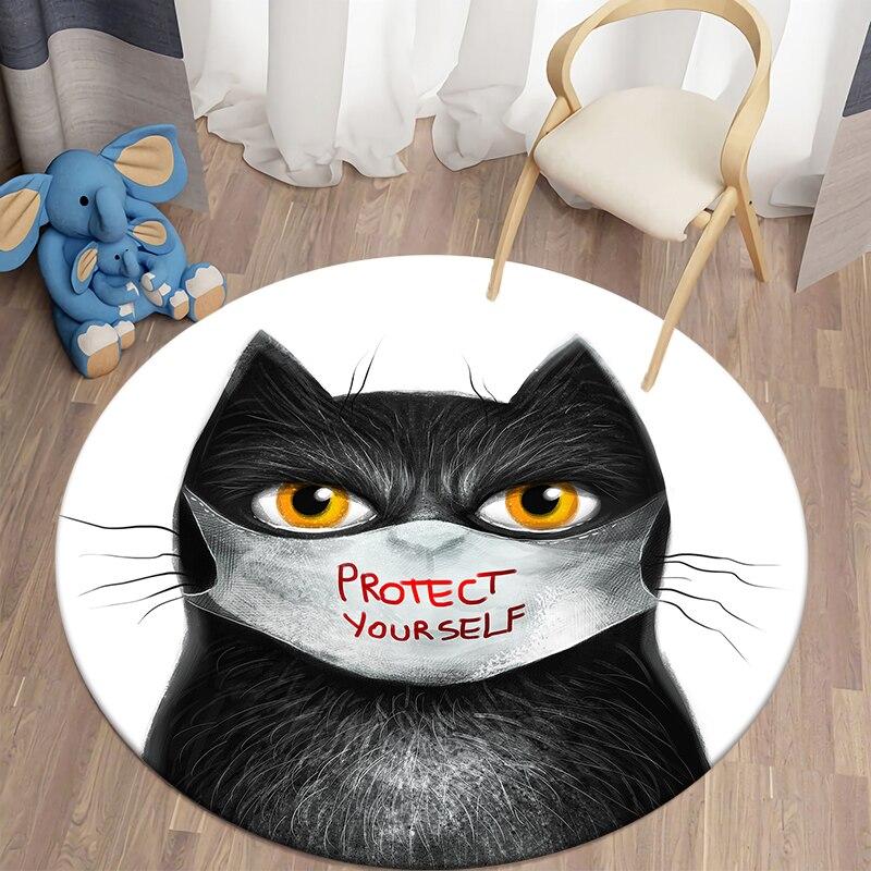 Black Cat Kawaii HD Printed Round Carpet for Living Room Rugs Camping Picnic Mats Flannel Anti-Slip Rug Yoga Mat Stranger Things
