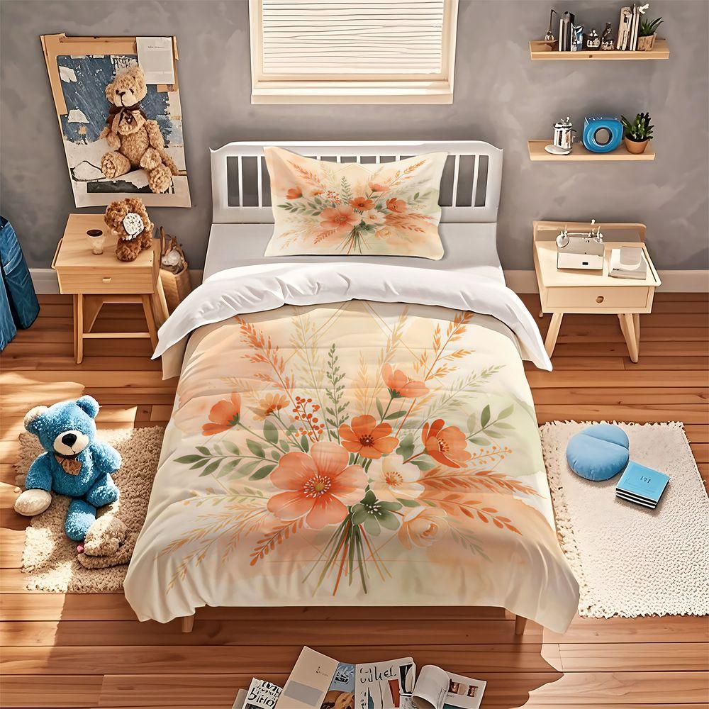 Boho Peach Floral Watercolor Duvet Cover Set Comforter Cover Bedding Set No Filler, Soft Farmhouse Women Bedroom Bed Decor