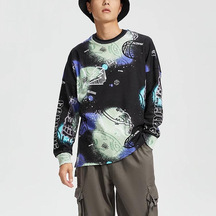 Li Ning Badfive Letter Print Loose Round Neck Sweatshirt Men sweatshirt Black AHSR471-4