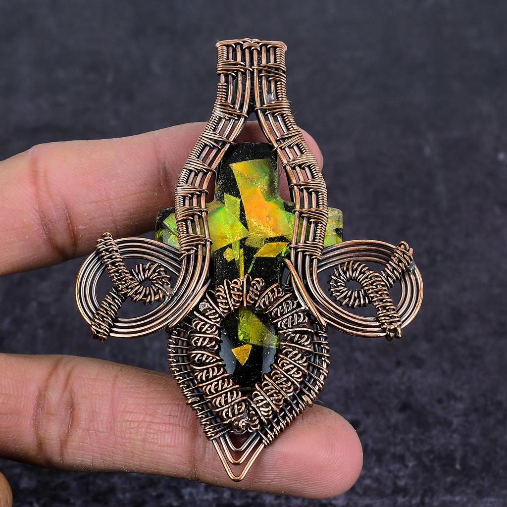 Natural Ammolite Gemstone Handmade Copper Wire Wrap Jewelry Pendant 3.35" B6J94