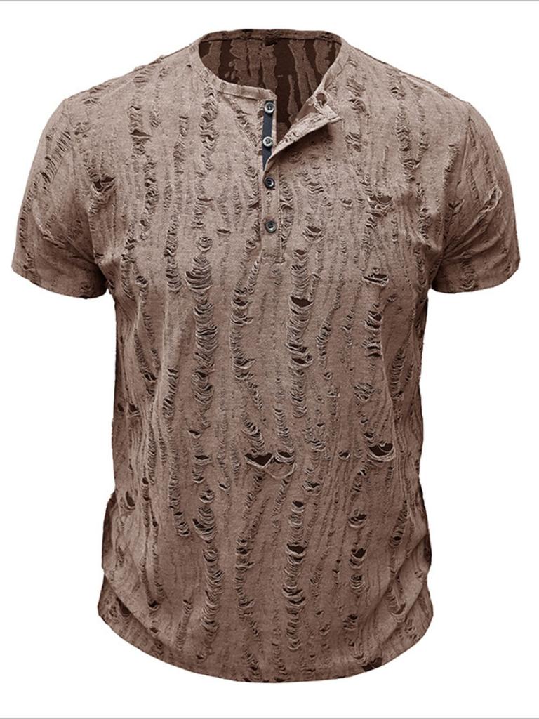 Men's Short-sleeved T-shirt Broken Holes Retro Men's Fashion Henley Shirt Men's Casual Fashion Tops Slim Fit