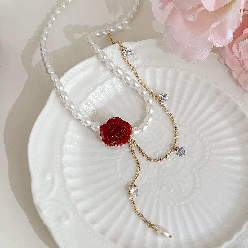 French Retro Style Rose Flower Zircon Tassel Chain Pearl Beaded Choker Necklace for Women Sweet Temperament Jewelry Accessories