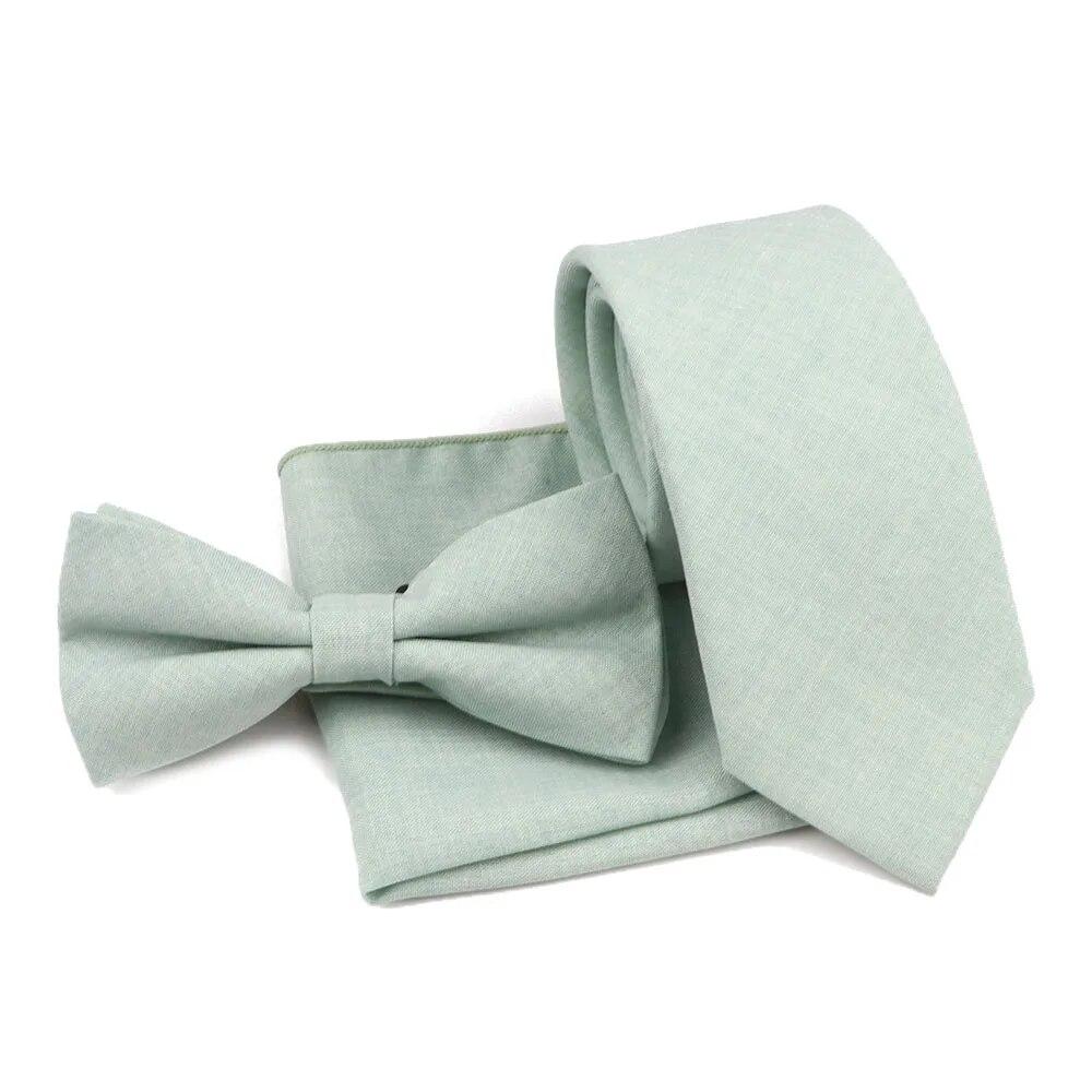 Men Fashion Solid Color Cotton Tie Bowtie Handkerchief Set Wedding Party Butterfly Necktie