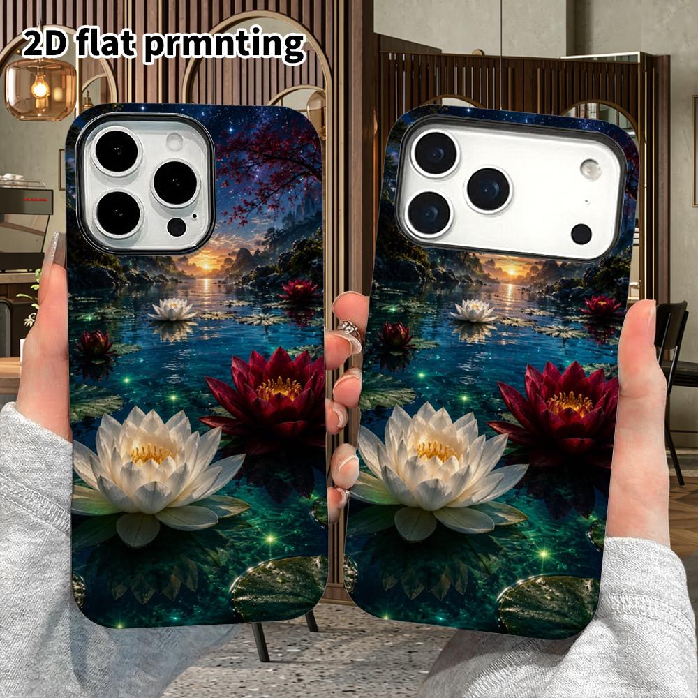 Phone Case: 2D flat design suitable for iPhone 18, 17, 16, 15, 14, 13 Pro film protective case, couple style, star and moon lotus pond, Christmas and