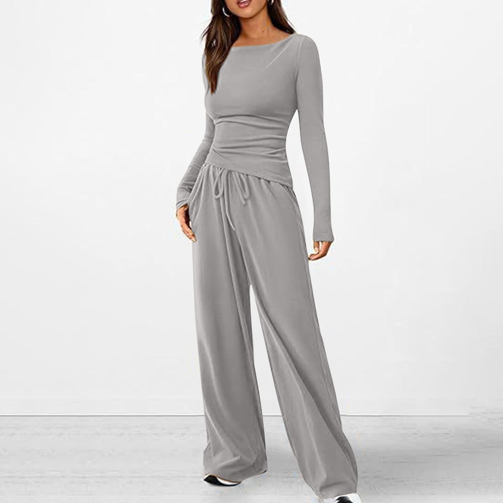 Женский модный двухпредметный костюм: топ с длинным рукавом и широкие брюки, повседневный, цветной XL