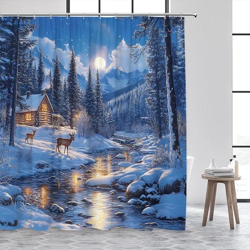 

Зимний лось Занавеска для душа Фермерский дом Ночь Снег Лесной пейзаж Рождественское украшение для ванной комнаты Занавеска для душа с крючком W120xH180cm