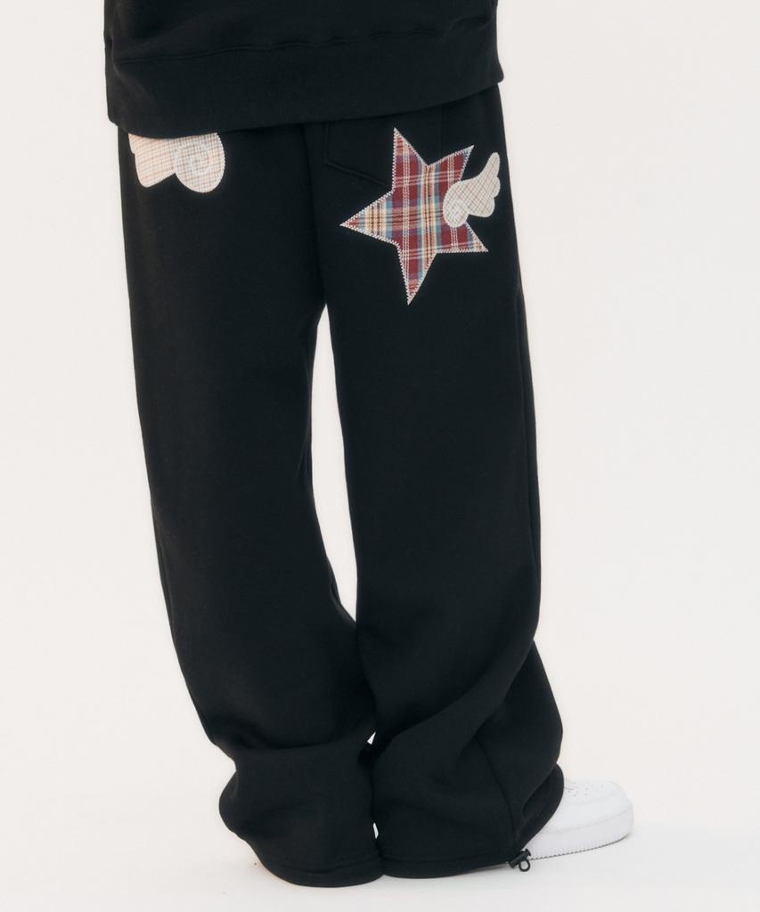 AMBLER [Terry/Fleece] Angel Star Patch Embroidered One-Pleat Drawstring Wide Sweatpants Ap903 (Black)