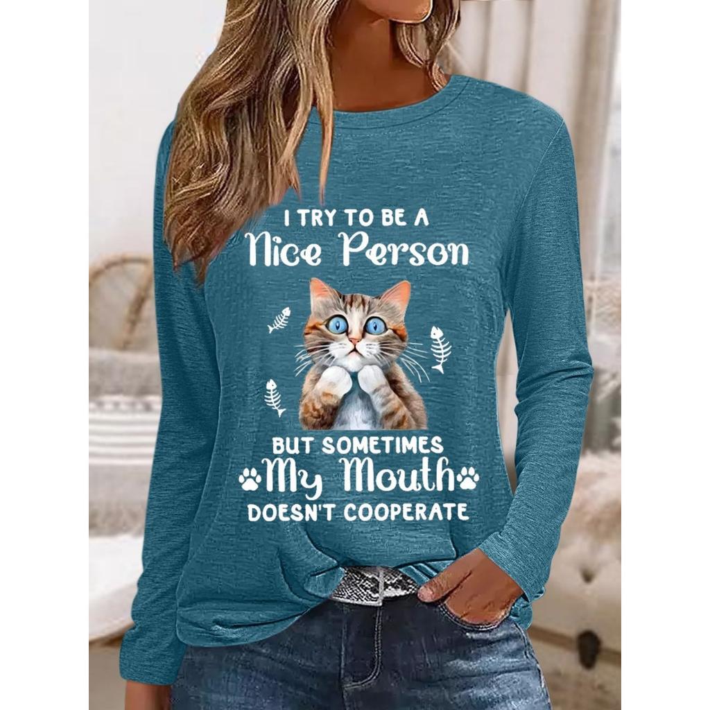 Okrągły dekolt 3D nadruk zabawny kot wzór top modny casual długi rękaw damskie koszulki