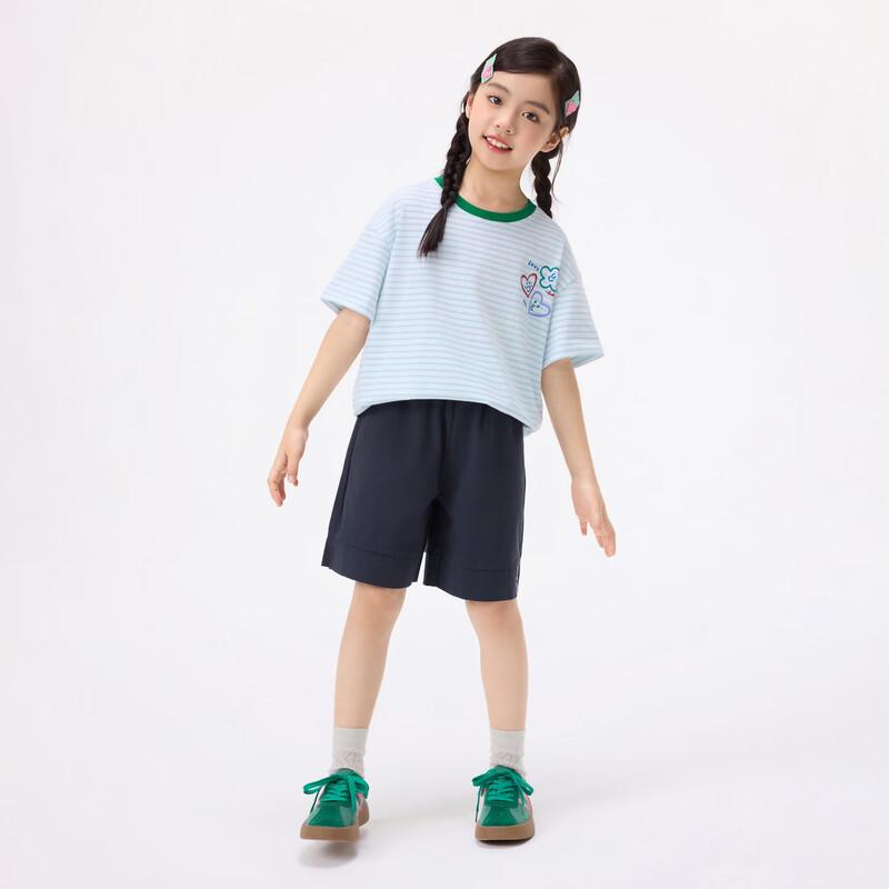 Xiaoyinman Girls' Contrast Collar Striped Heart Print Short-Sleeve T-Shirt