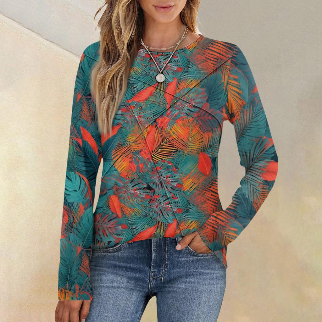 Mote Dame Langermet Rund Hals Casual Plissert Retro Blomstret Løs Topp