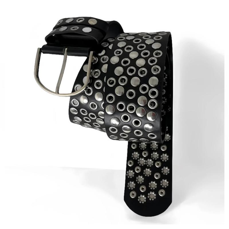 Adjustable Length Rivet Studded Waist Belt with PU Leather Full Studs for Trendy Rock Styles Enthusiasts Hiphop Decors