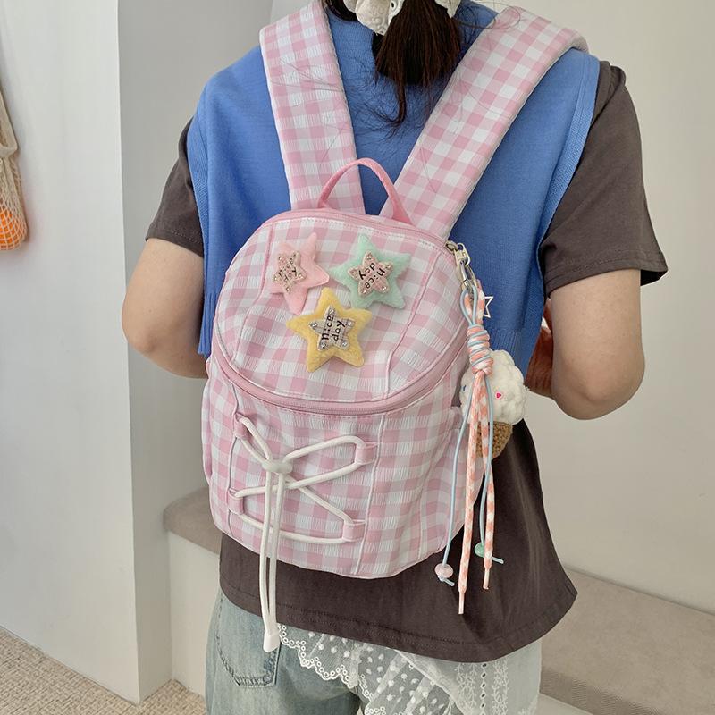 Korean new high-value schoolbag sweet plaid backpack junior high school students lightweight travel mini backpack
