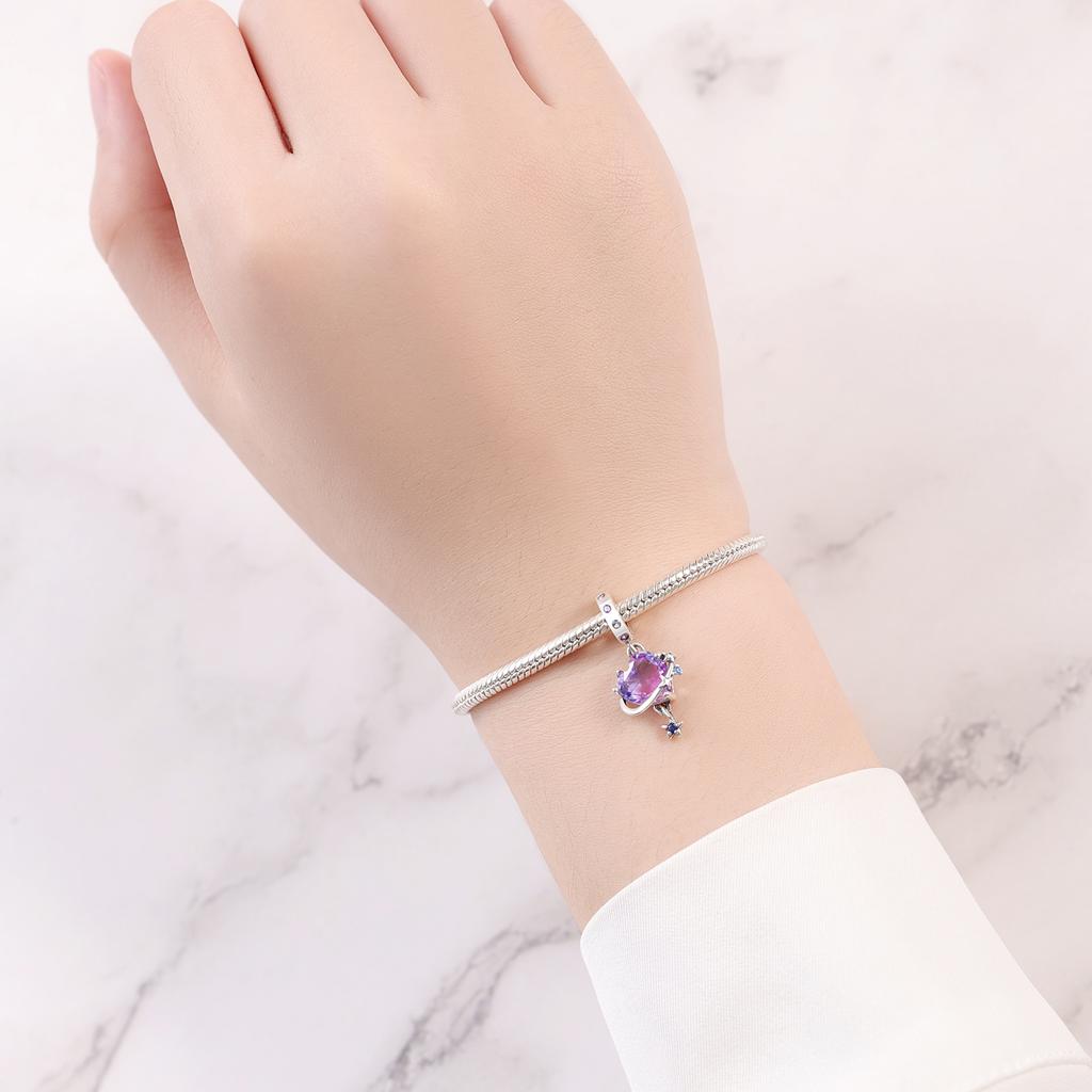 Authentic copper Charm Bead Charms Luxury Purple Heart Planet Pendant Bead Charms Compatible With Bracelets Diy Women Making Delicate Gift
