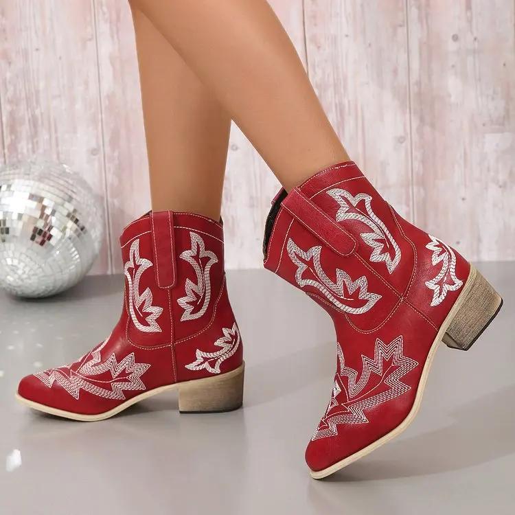 

Женские ботинки челси с вышивкой в стиле вестерн с острым носком в стиле ретро, ковбойские сапоги, зимние женские новые повседневные ботинки на квадратном каблуке без застежек 2024 года 35 красный