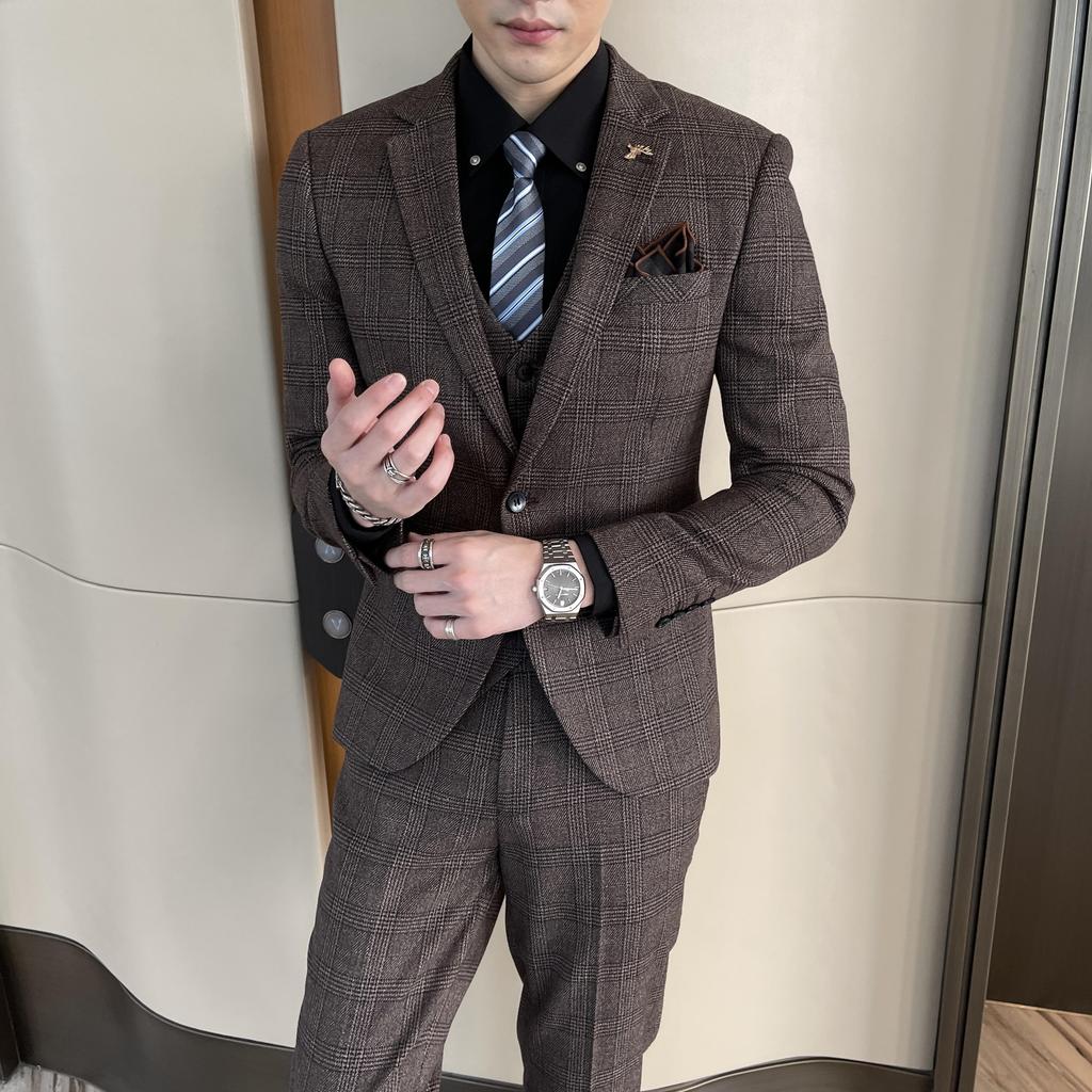 Britischer Koreanischer Stil Hochwertiger Modifizierter Karodrei-Teiler für Herren - Stilvolles Business Casual Anzugweste und Hosen Set