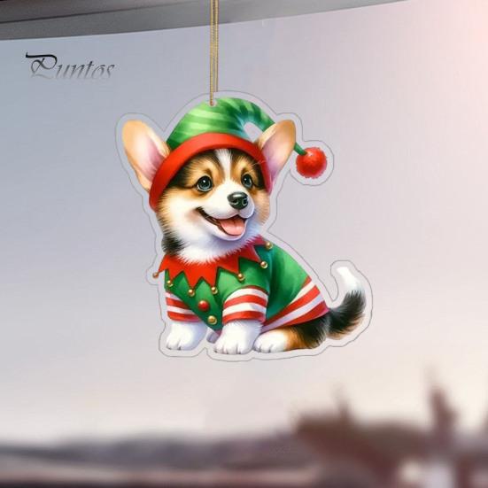 Ciondolo per auto a forma di cane con fiore in acrilico, 8 cm, facile da appendere, con corda, doppia faccia, visuali digitali 2D, decorazione da appendere per una visione realistica dell'albero di Natale dell'auto.