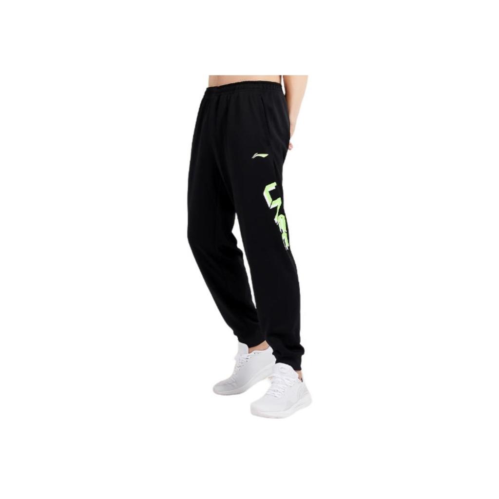 Li-Ning Sports Fashion Series Letter Print Drawstring Cuffed Mid-Waist Knitted Sports Pants Men bottoms Standard-Black YKLU275-3