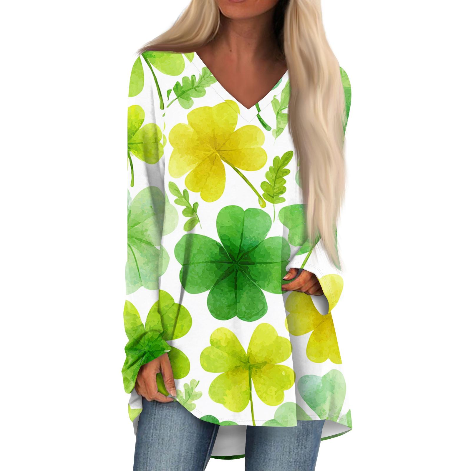 

Women s Fashionable Casual Long-Sleeved St. Patrick s Day Print V-Neck Mid-Length Top M