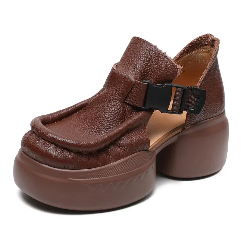 Fashion Retro Genuine Leather Thick Sole Platform Shoes Women 2024 Summer New Waterproof Comfort Round Toe Handmade Sandals