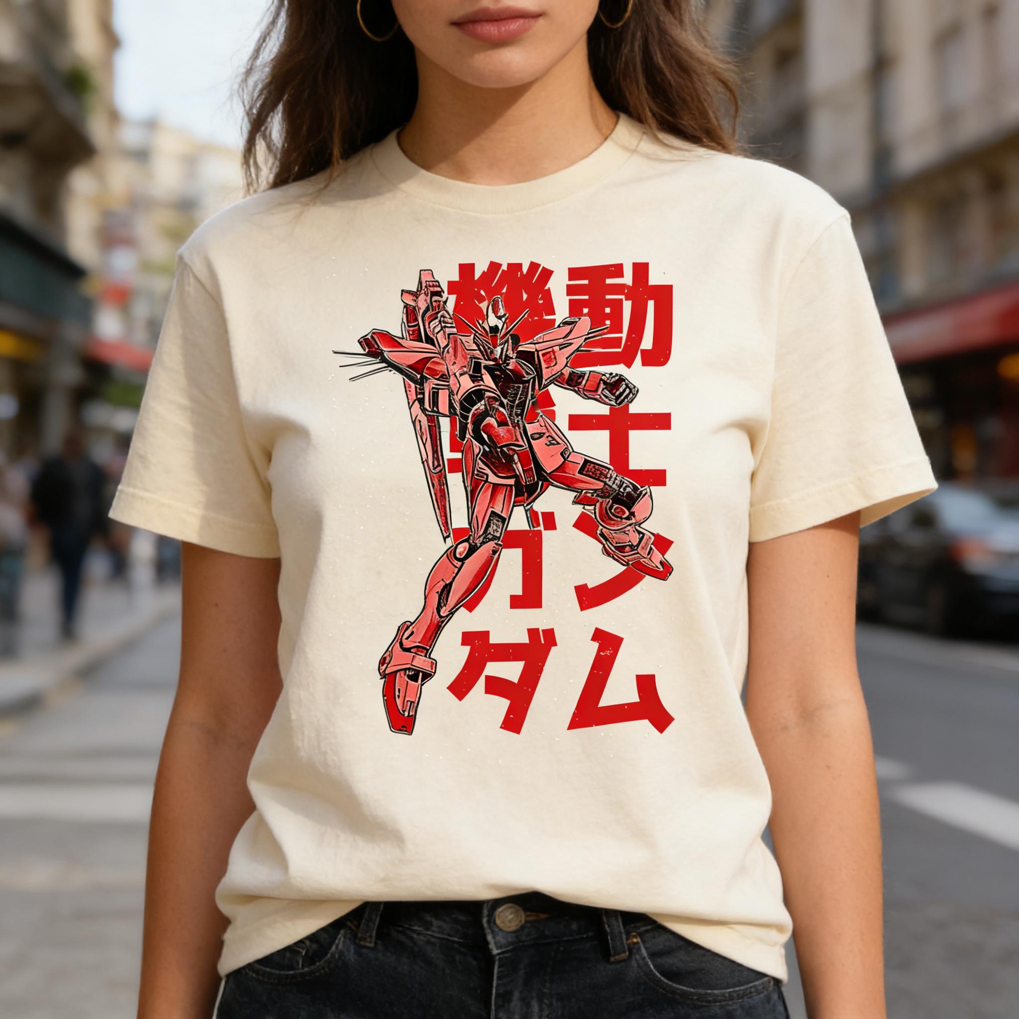 

Womens Gundam Anime TShirt Red White Mecha Warrior Japanese Print Black Cotton Tee for Casual Otaku Daily Campus Home S