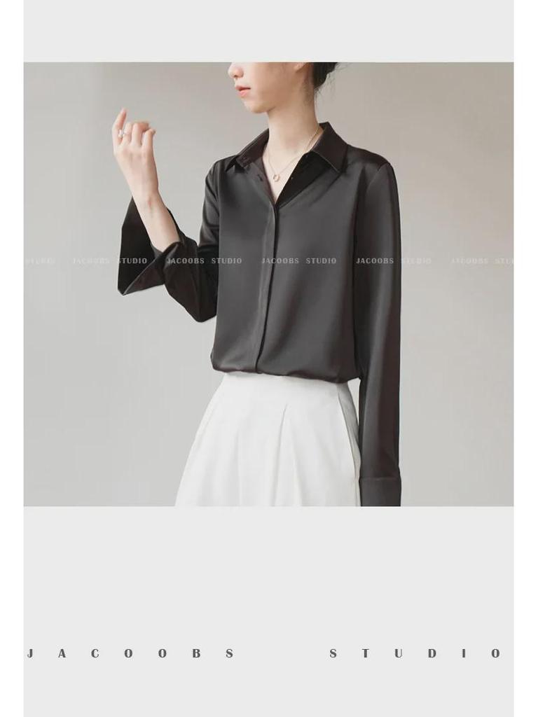 Gray-Blue Satin Women's Long-Sleeve Shirt - Retro Hong Kong Style, Three-Color Spot, Versatile Spring Fashion with Dark Placket and Elegant Drape.