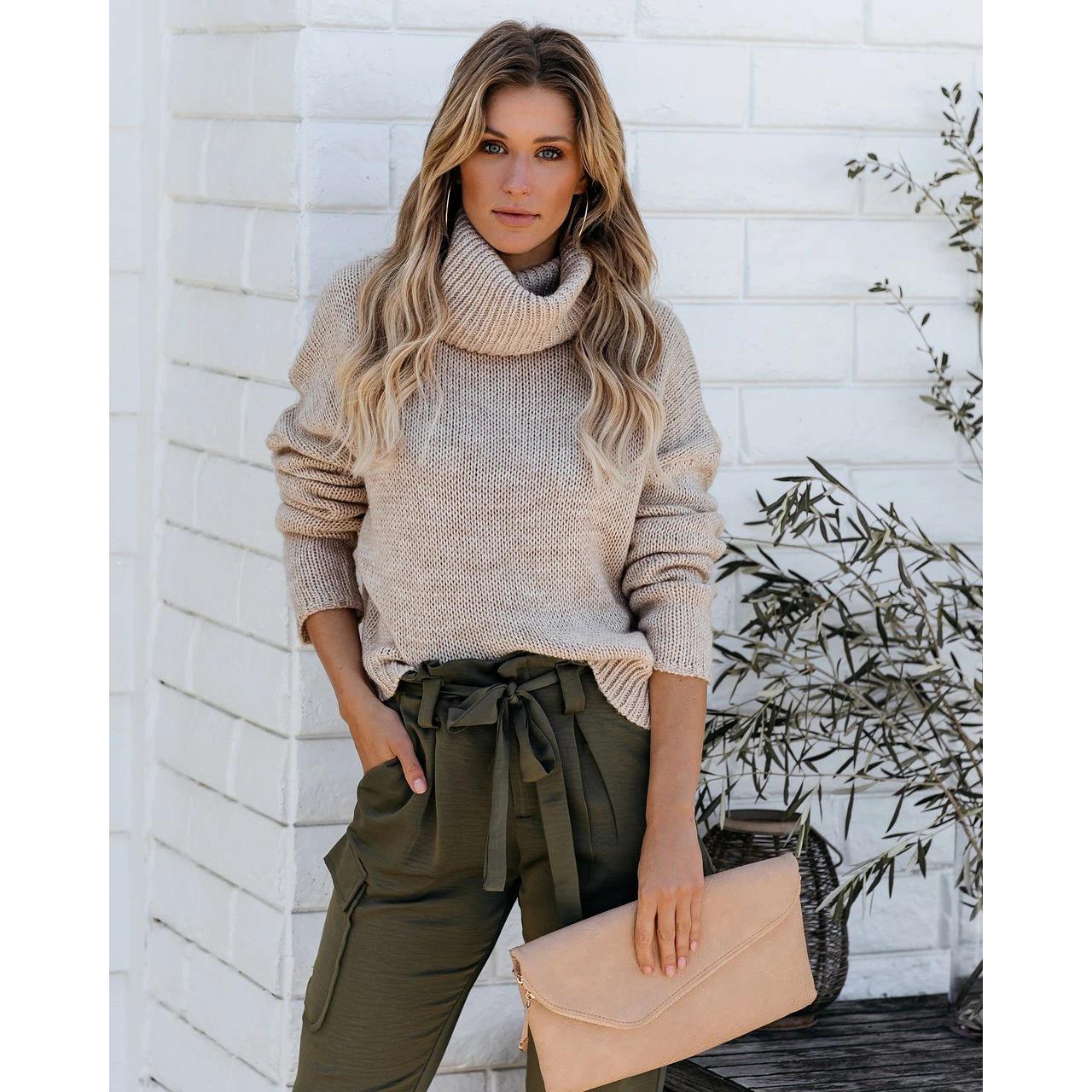 

Осень и Зима Новый Пуловер с Высоким Воротником, Пуловер для Повседневной Носки, Пуловер с Круглым Вырезом, Женский S хаки