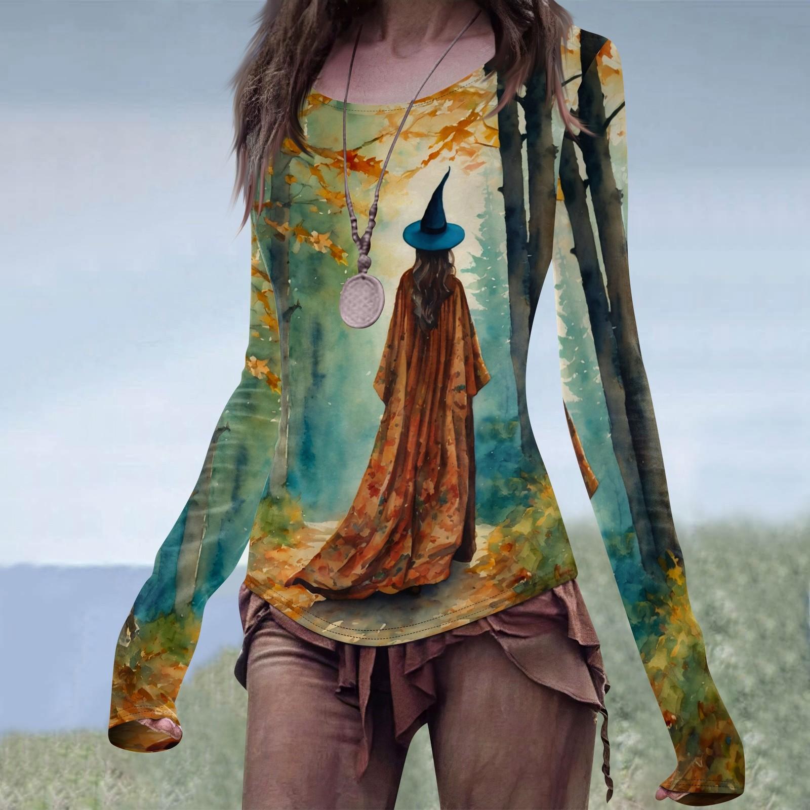 

Женский модный повседневный облегающий топ с принтом «Ведьма на Хэллоуин» с длинными рукавами M бирюзовый