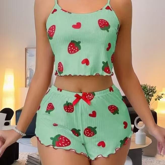 Striped Heart Lingerie Camisole & Shorts Pajama Set for Women - Summer Home Wear, Two-Piece