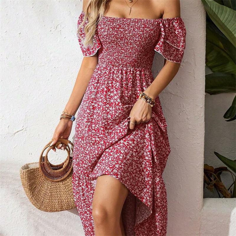 Women's Square Collar Waist Printed Bubble Sleeve Dress S-XXXL