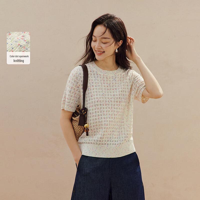 INMAN Women s Openwork Polka Dot Short Sleeve Knit Top S