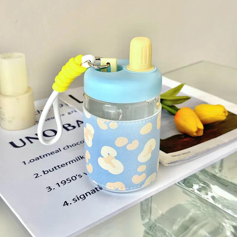 Influencer Portable Insulated Glass Water Cup with Leather Sleeve – Stylish Gift for Female Students