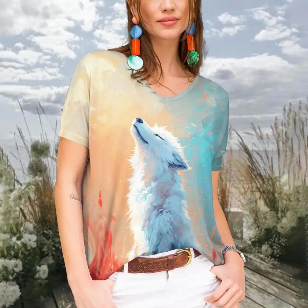 Summer Women Fashion V-Neck T-shirt Casual Cartoon Cat Tops Tees Female Colorful Short Sleeve Clothing Ladies Vintage Streetwear