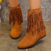 Large Size Wind Round Head Flat Heel Rhinestone Fringed Fashion Boots Autumn and Winter New Mid Tube Outer Women's Boots