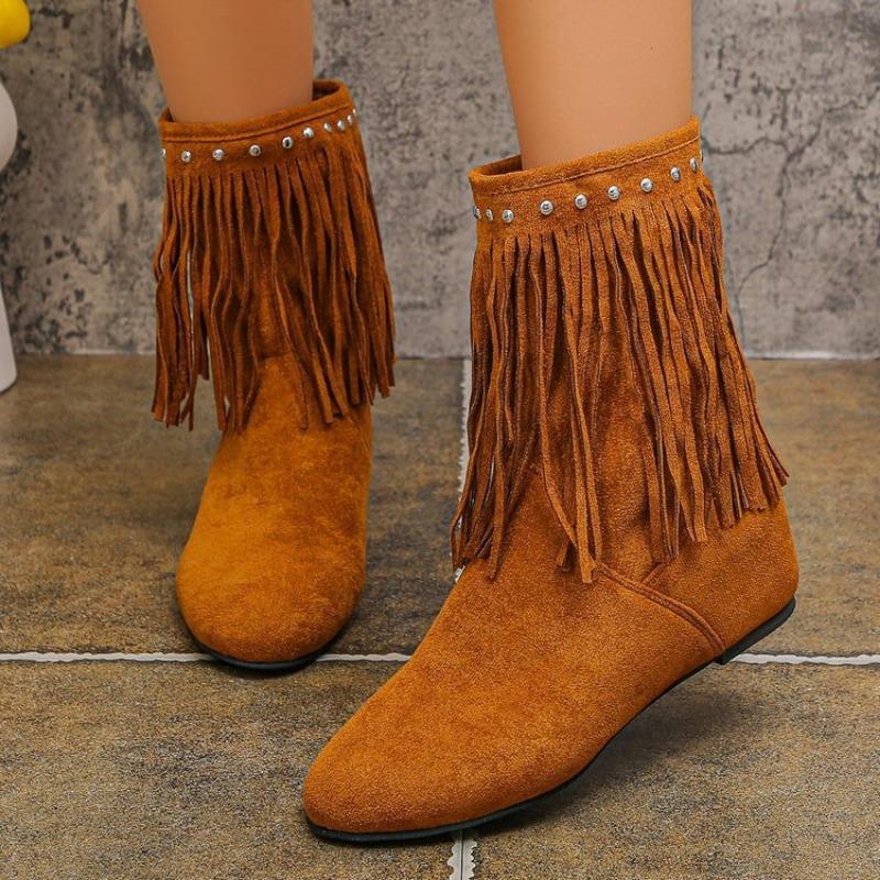 Large Size Wind Round Head Flat Heel Rhinestone Fringed Fashion Boots Autumn and Winter New Mid Tube Outer Women's Boots