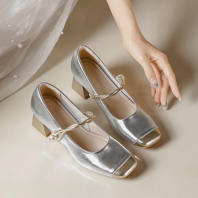 

Fashion Elegant Gold Square-Toe Women s High Heels Strappy Color-Block Mary Jane Pumps Shoes Women Chunky Heel Pearl Buckle Tacones 2025 34 серебряный
