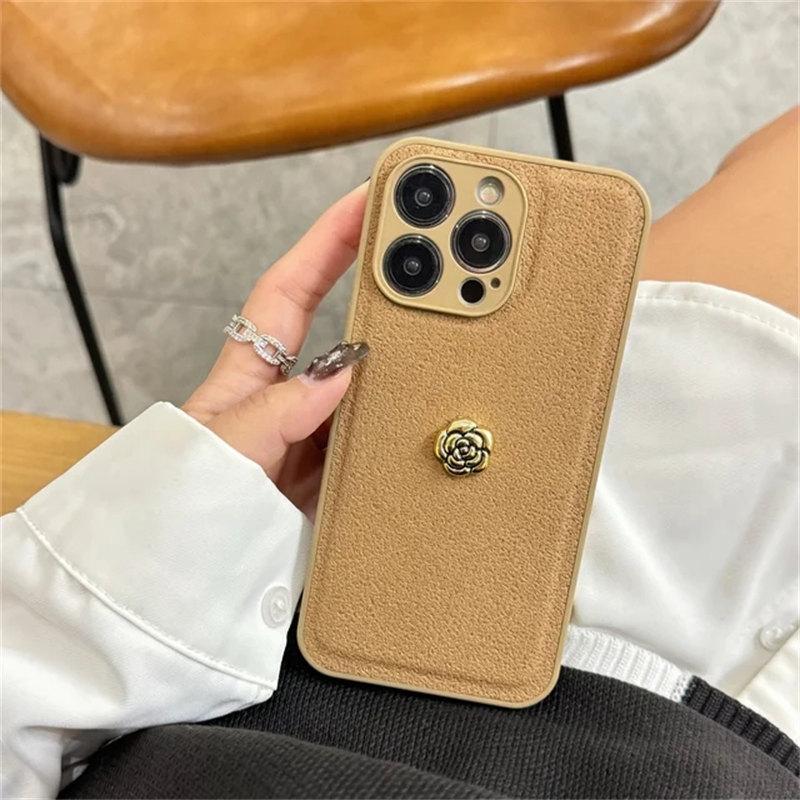 Husă de telefon de lux coreeană retro cu flori de camelie 3D, culoare solidă, pentru iPhone 15 14 13 12 11 Pro Max, funda antișoc kawaii