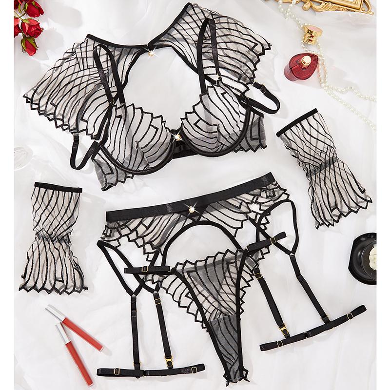 Women's Sexy Sheer Lingerie Set Embroidered Cape Garter Belt Set Adjustable Push-Up Bra Set