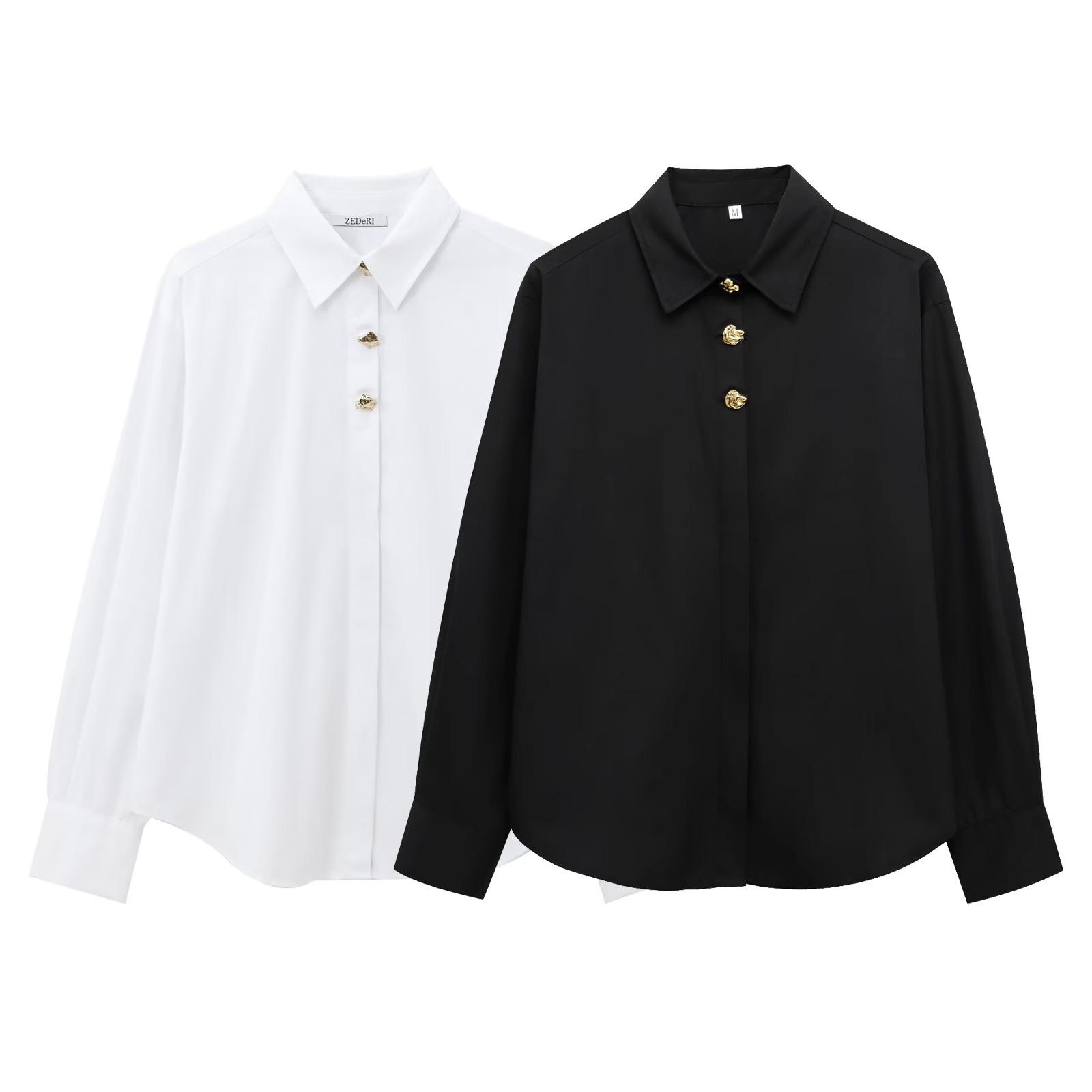

2025 Euro-American Style Golden Button Long Sleeve French Shirt with Turn-Down Collar Small