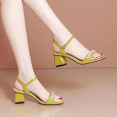 2024 Women's Elegant Open Toe Summer Casual Sandals Fashionable Thick High Heels One Line Buckle Beads Light Weight Lady's Shoes