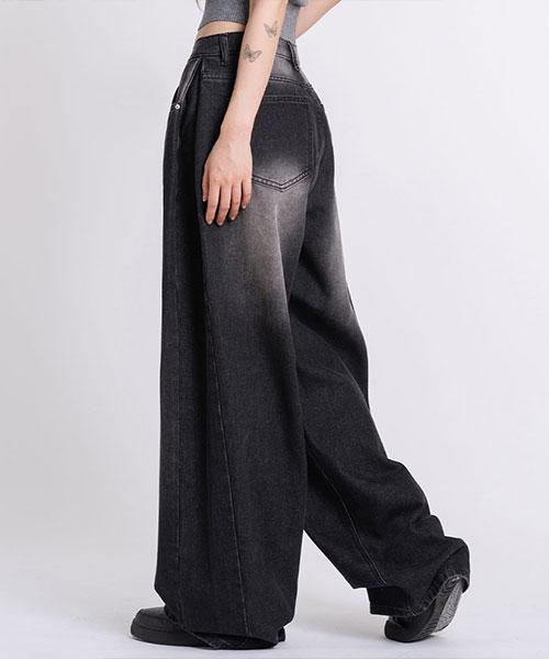 Elleonasi P56_[Standard/Long/S~3Xl/4 Colors] Side Pintuck Wide Washed Denim Pants / Black Denim