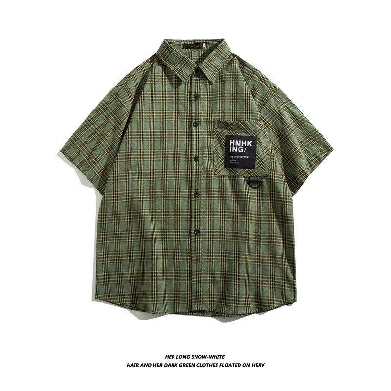 

Модная мужская рубашка в японскую клетку с пятиконечным рукавом на лето 2X Large зелёный