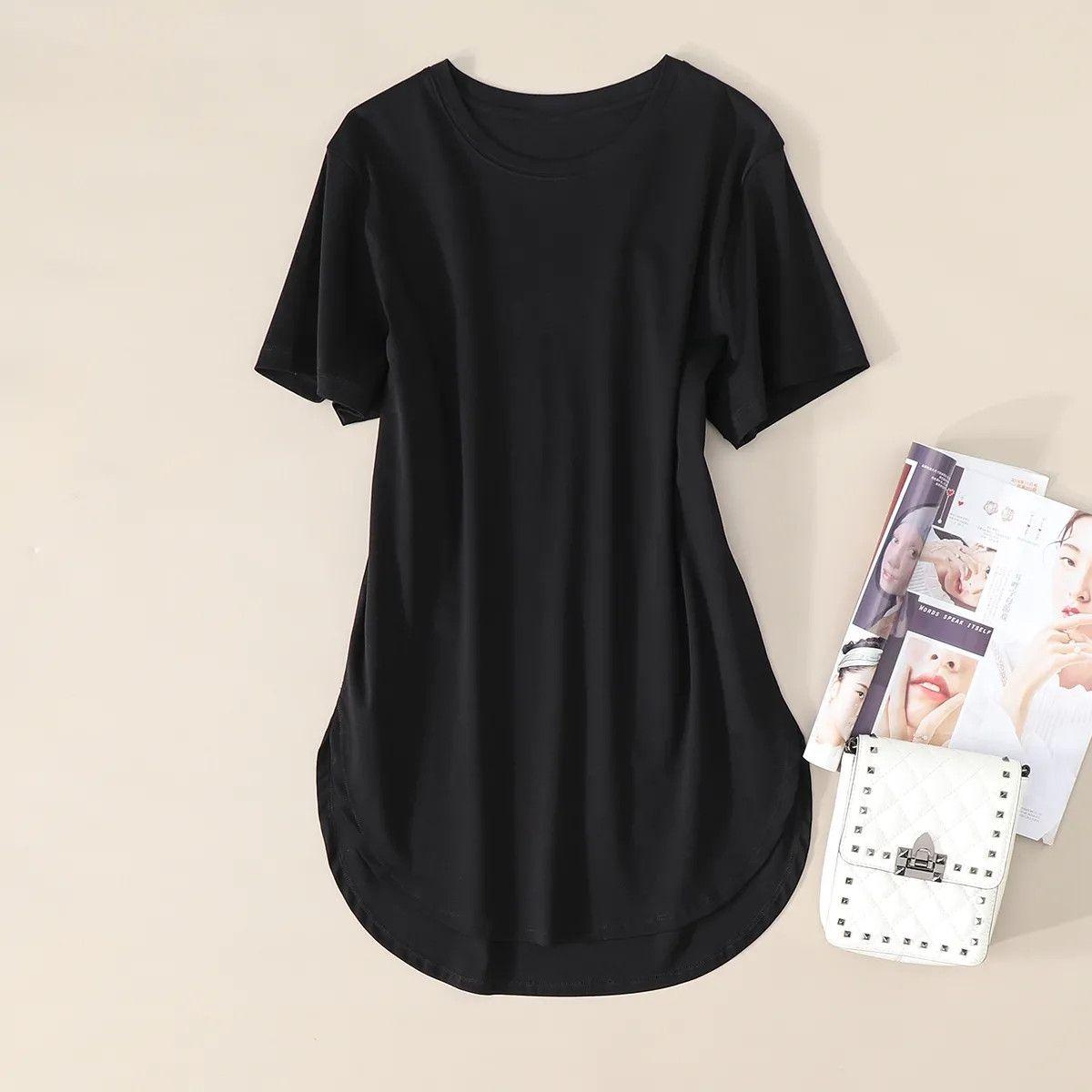 

Популярная футболка с закругленным подолом и короткими рукавами для женщин на весну и лето, свободный женский топ с короткими рукавами больших размеров 3XL чёрный