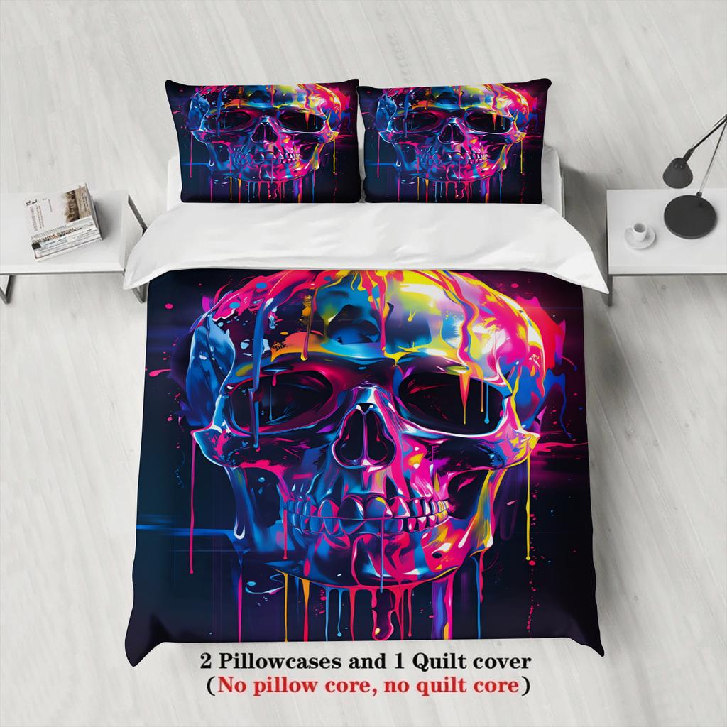 3Pcs Skull Bedding Sets 3D Printed Colorful Drip Paint Wrinkle Resistant Durable Duvet Cover Sets With Pillowcases No Filling